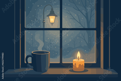 Cozy winter evening with candle and warm drink beside snowy window