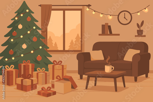 Cozy living room decorated for Christmas with a tree, gifts, and warm lighting during winter time