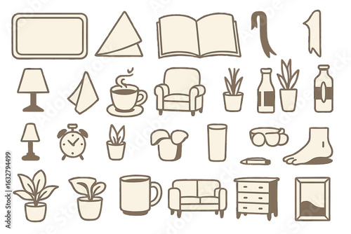 Various simple line drawings of home decor items and plants displayed artistically, creating a cozy atmosphere unique to interior design