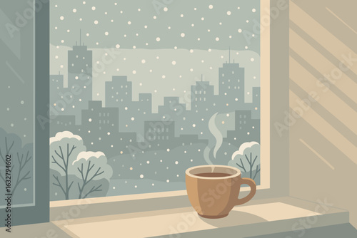 Cozy winter morning with a steaming cup on a windowsill overlooking a snowy cityscape