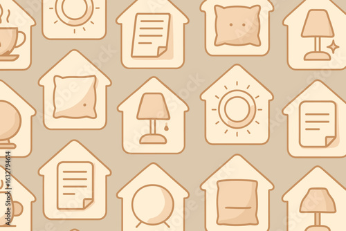 Interior design elements arranged in a seamless pattern with warm colors and home-themed icons
