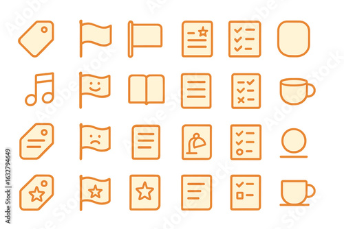 Icon set featuring tags, flags, notes, and cups in a minimalistic design for various uses in graphics and digital applications