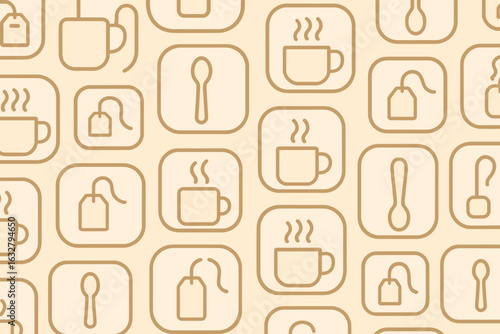 Pattern featuring hot beverage icons, tea bags, and spoons on a neutral background