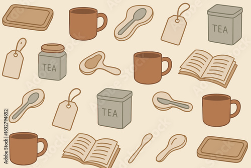 Collection of tea-related items including cups, containers, and utensils on a light background, showcasing a cozy atmosphere ideal for tea lovers