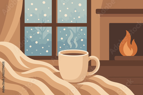 Warm coffee cup sits on cozy blanket near fireplace with snow falling outside window in winter evening