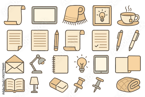Collection of office and study supplies including notepads, pens, and decorative items on a clean background