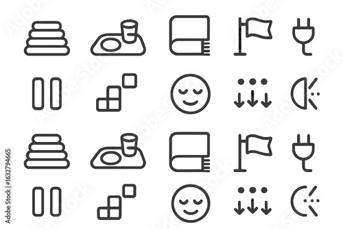 Collection of minimalist icons illustrating relaxation, leisure activities, and essential items commonly found in daily life