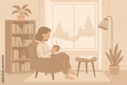 Cozy indoor moment of relaxation with a warm drink while looking out at a snowy winter landscape