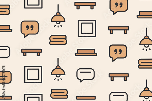 Decorative pattern featuring light fixtures, frames, and speech bubbles in a minimalist style