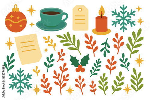 Festive decorative elements showcasing a warm coffee cup, holiday ornaments, and seasonal foliage in a cheerful arrangement