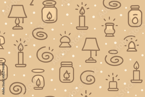 Pattern featuring various candle and lamp designs on a light background depicting warmth and coziness