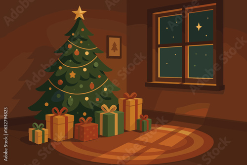 Christmas tree with colorful presents in a cozy room at night showcasing festive decorations and a starry sky