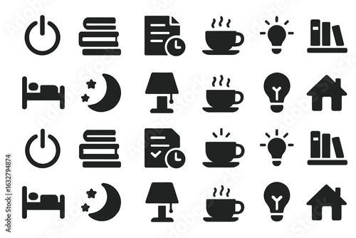 Digital icons representing work, relaxation, and daily routines in minimalist style on a monochromatic background