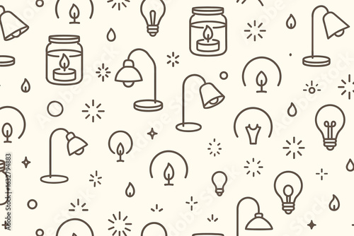 Decorative light bulb and lamp pattern with candles on a neutral background showcasing warmth and coziness