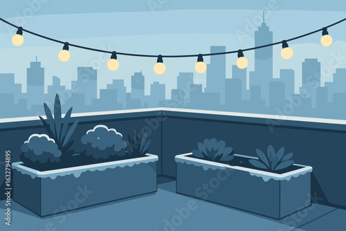 Cozy balcony garden with city skyline at twilight featuring fairy lights and winter plants
