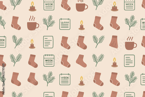 Cozy decor pattern featuring warm items for a relaxing week at home during autumn evenings