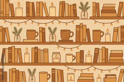 Cozy book shelves adorned with candles and plants create a warm reading atmosphere in a softly lit room