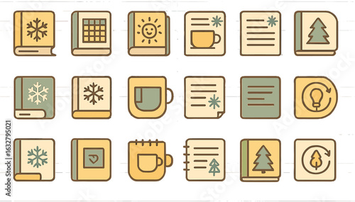 Collection of winter-themed icons featuring snowflakes, mugs, trees, and seasonal elements arranged in a grid format