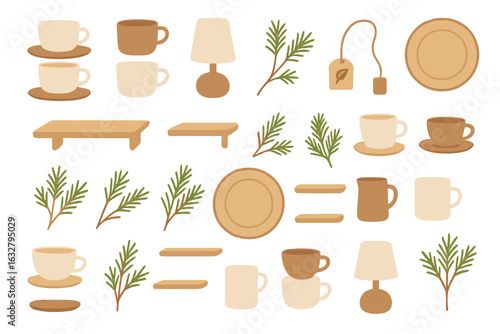 Cozy and minimalist kitchen decor featuring tea and coffee items with wooden table and greenery accents