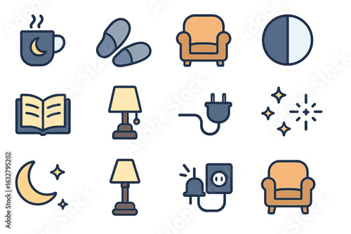 Cozy home environment with various symbols representing relaxation and comfort during the evening hours