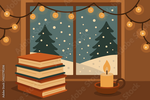 Cozy winter window view with snow-covered trees, warm candlelight, and stacked books on a wooden table