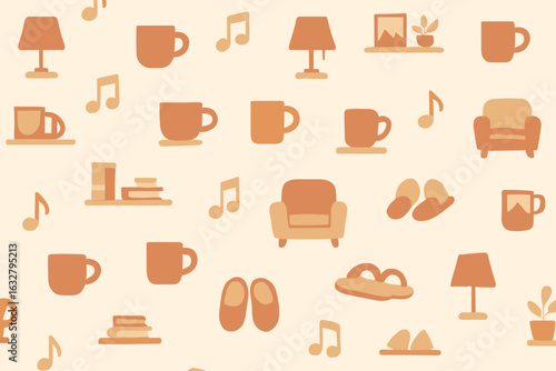 Cozy home decor pattern featuring familiar items in a warm, inviting color palette perfect for relaxation