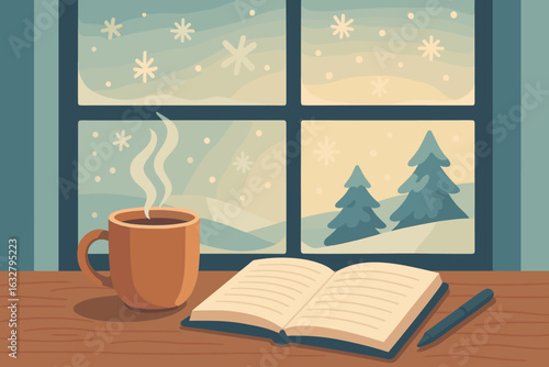 Warm drink and open book on a wooden table by a window showing a snowy landscape during winter mornings