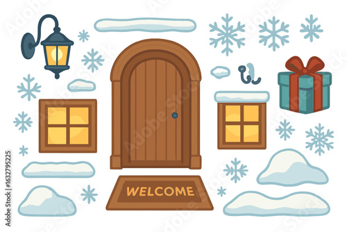Cozy winter scene featuring a warmly lit wooden door and a cheerful welcome mat amidst snowflakes and festive decorations