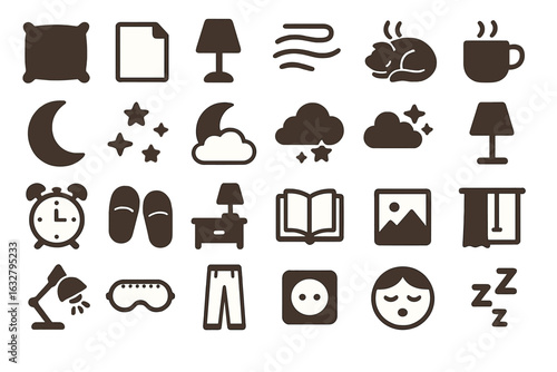 Relaxing night routine with cozy elements at home featuring essential bedtime symbols