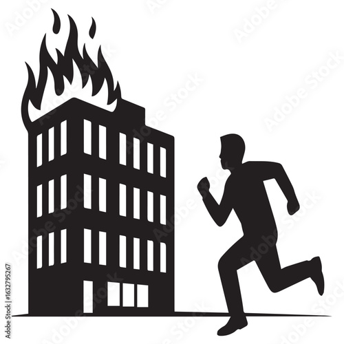 Silhouette of a man running away from a burning building, symbolizing danger, emergency, and escape isolated on white background