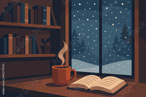 Cozy winter evening with a warm drink and an open book by the window