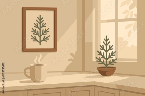Cozy corner with a plant and warm beverage in a sunlit room