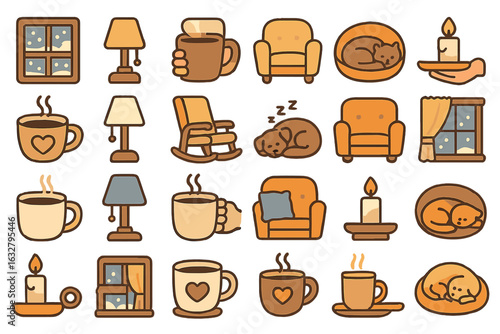 Cozy home elements showcasing warm beverages, comfortable furniture, and delightful pets during a winter evening