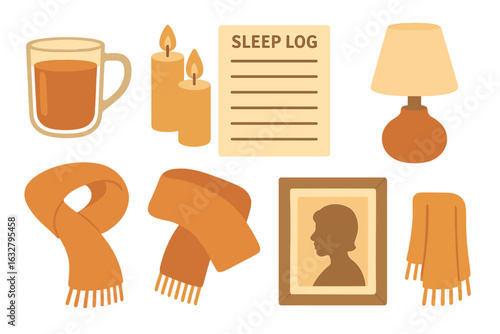 Warm and cozy elements for a relaxing evening atmosphere with candles, tea, and a sleep log