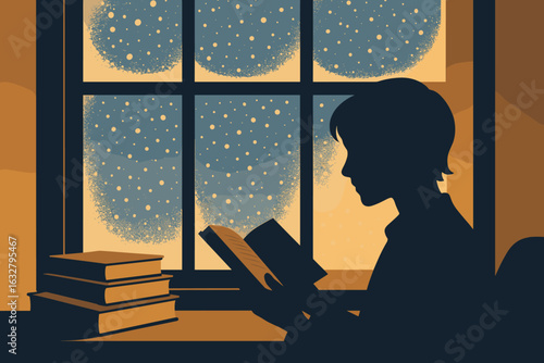 Silhouette of person reading book beside snow-covered window with stack of books on cozy winter evening – retro vector illustration