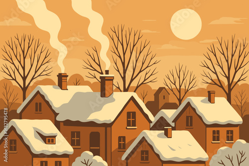 Snowy sunset village illustration with cozy smoke-topped chimneys, bare trees and warm golden sky – vintage flat style