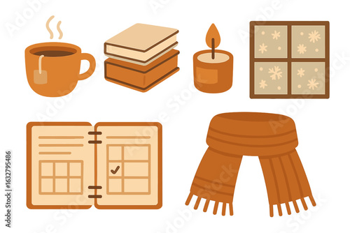 Cozy winter essentials clipart set: steaming tea mug, stacked books, lit candle, snowy window, open planner and striped scarf on warm brown background