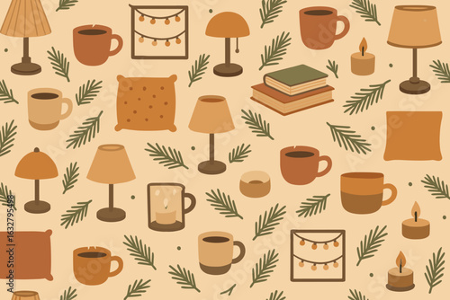 Seamless hygge pattern with steaming coffee mugs, pillows, table lamps, books, candles, pine sprigs and string lights on warm beige background – cozy winter vector illustration