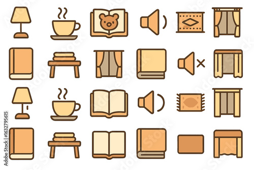Cozy home icon set featuring books, coffee, lamps, curtains, rugs, benches, and sound controls in warm brown and beige tones