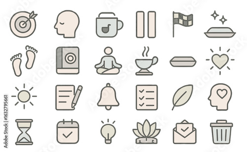 Collection of minimalistic icons representing various concepts of wellness and self-improvement