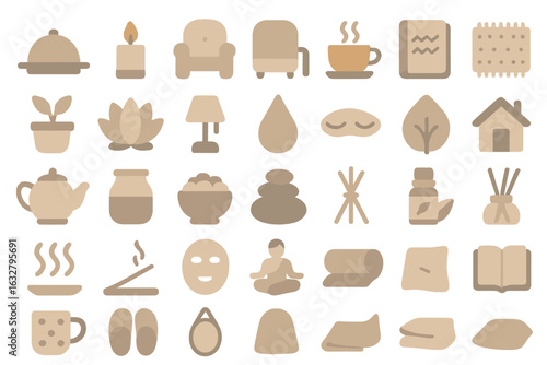 Collection of calming and relaxing symbols representing wellness and comfort in a serene environment