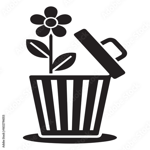 A thoughtprovoking black and white vector illustration of a flower growing out of a trash can, isolated on white background, symbolizing hope, renewal, and environmental awareness