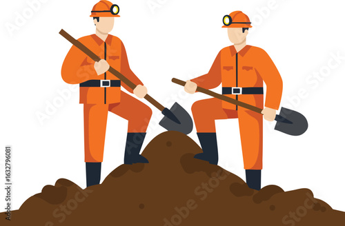 Miners working with shovels in orange uniforms and helmets on soil vector illustration 