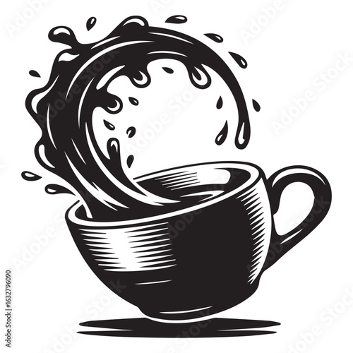 Coffee cup with a splash of liquid, a hot drink with caffeine and aroma, a morning beverage for energy and refreshment, isolated on white background