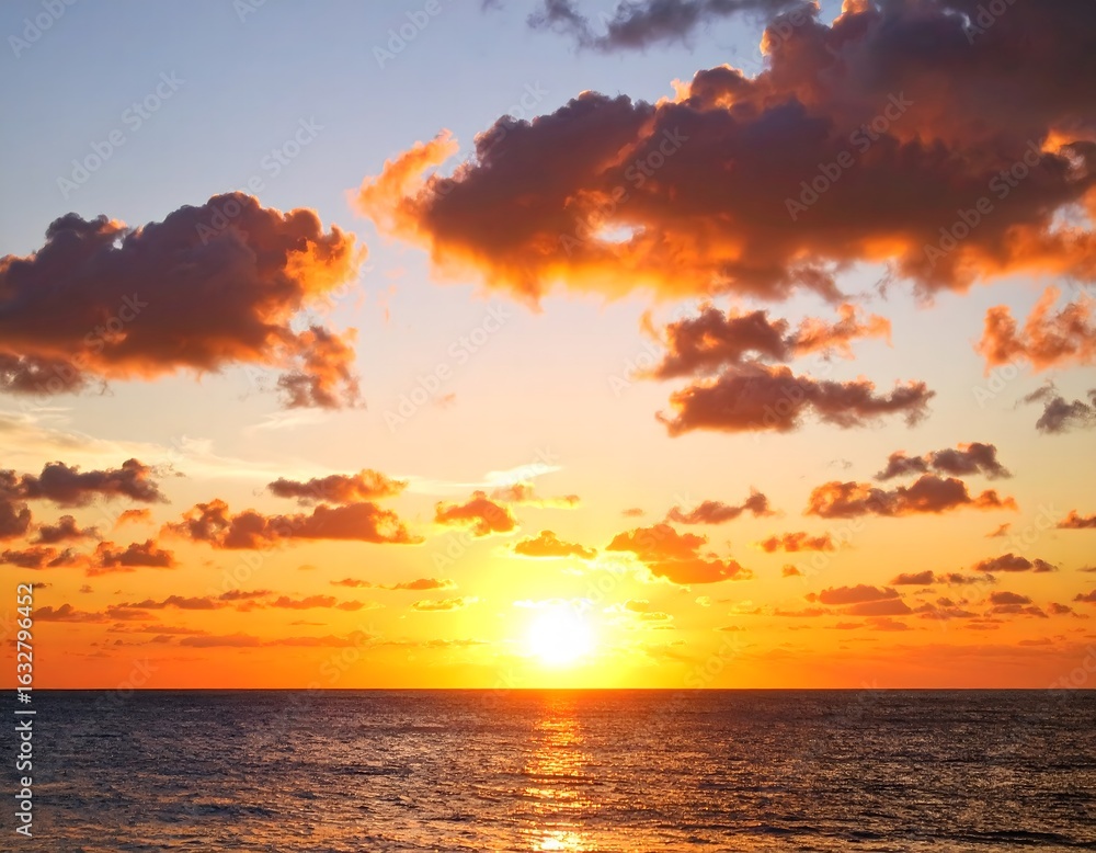 Fototapeta premium Golden Sunset Over the Ocean, Dramatic Cloudscape
