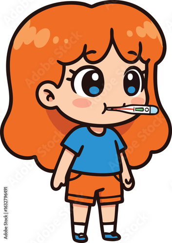 Red haired girl with thermometer feeling sick in blue shirt and orange shorts cartoon vector illustration 