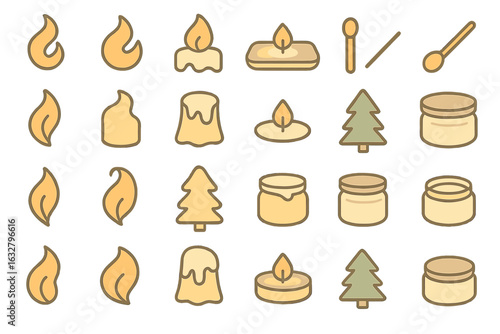 Various candle and flame illustrations in warm tones on a white background suitable for decorative purposes and design projects