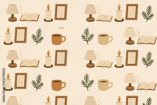 Cozy home decor pattern featuring candles, plants, lamps, and books in a warm color palette