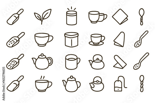 Line art collection of tea and coffee elements depicting cups, teapots, and accessories in minimalistic design