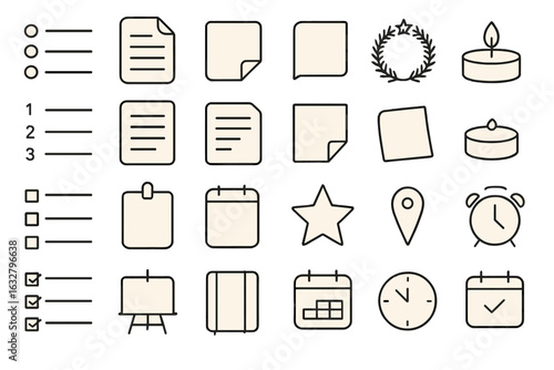 Collection of minimalistic digital icons representing various organizational tools and symbols for productivity enhancement